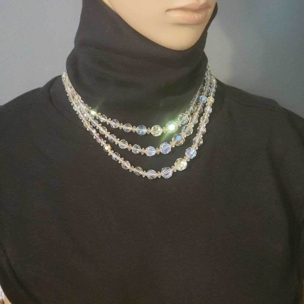 Vintage Mid-century Crystal Beaded Necklace, 3 Strands, AB, Graduated wh02-22 - Picture 4 of 6